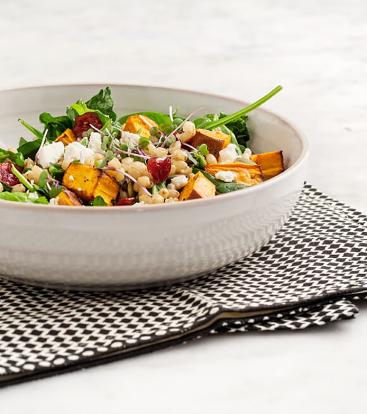 Favorite fall salads to try like this Sweet Potato Wheatberry Salad recipe