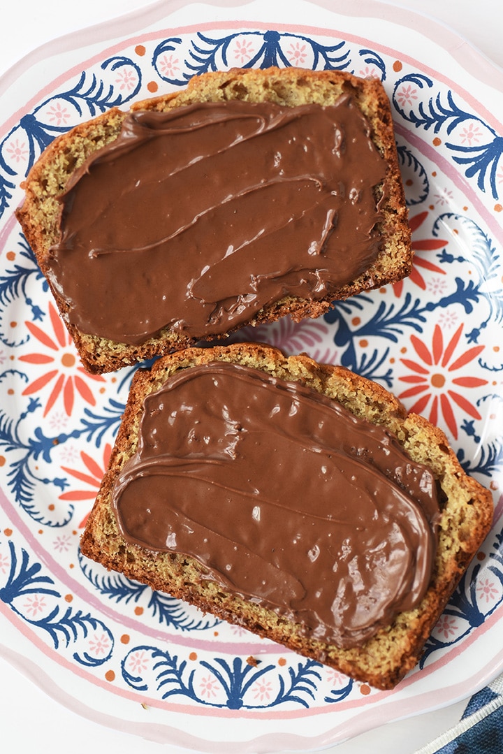 Our favorite banana bread recipe topped with Nutella.