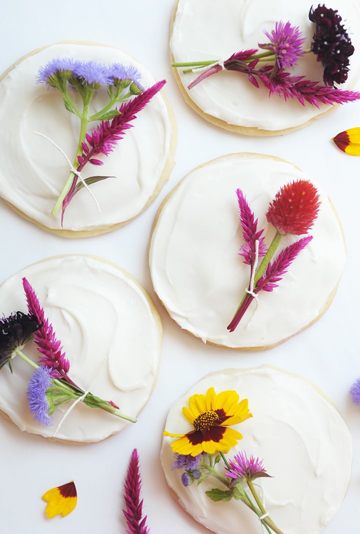 The Best Sugar Cookie Recipe! Top them with a mini fresh flower bouquet for a special touch.