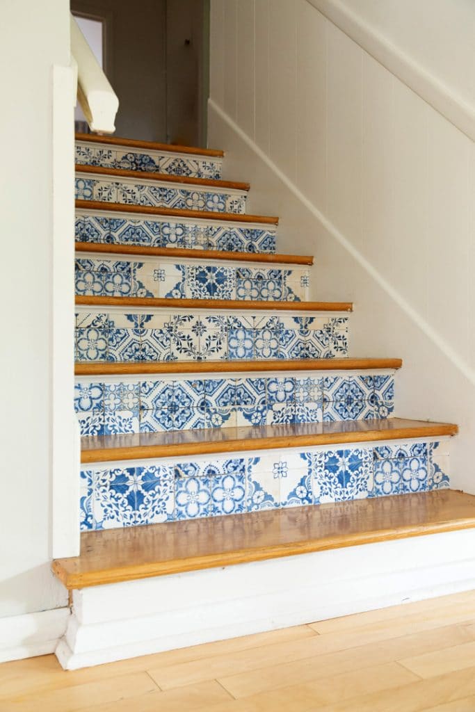 Add DIY Stair Risers using removable wallpaper for $30! #DIY #stairrisers #removablewallpaper