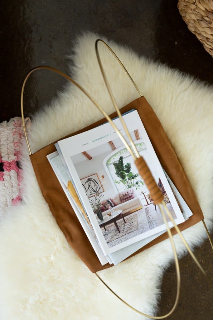 DIY Gold Hoop and Leather Magazine Rack